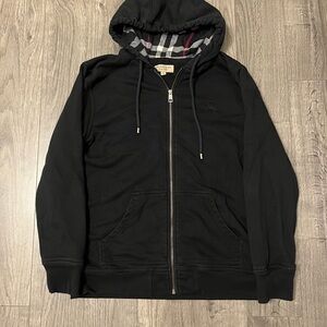 Burberry Black Hooded Zip-Up Sweater with Plaid Lining